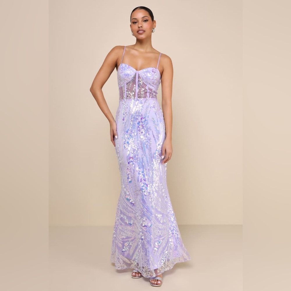 Lulu’s NWOT Perfection Seeker Lavender Iridescent Sequin Bustier Prom Maxi Dress